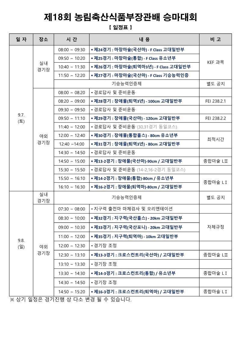 제18회 농림축산식품부장관배 전국승마대회 일정표 첨부 이미지