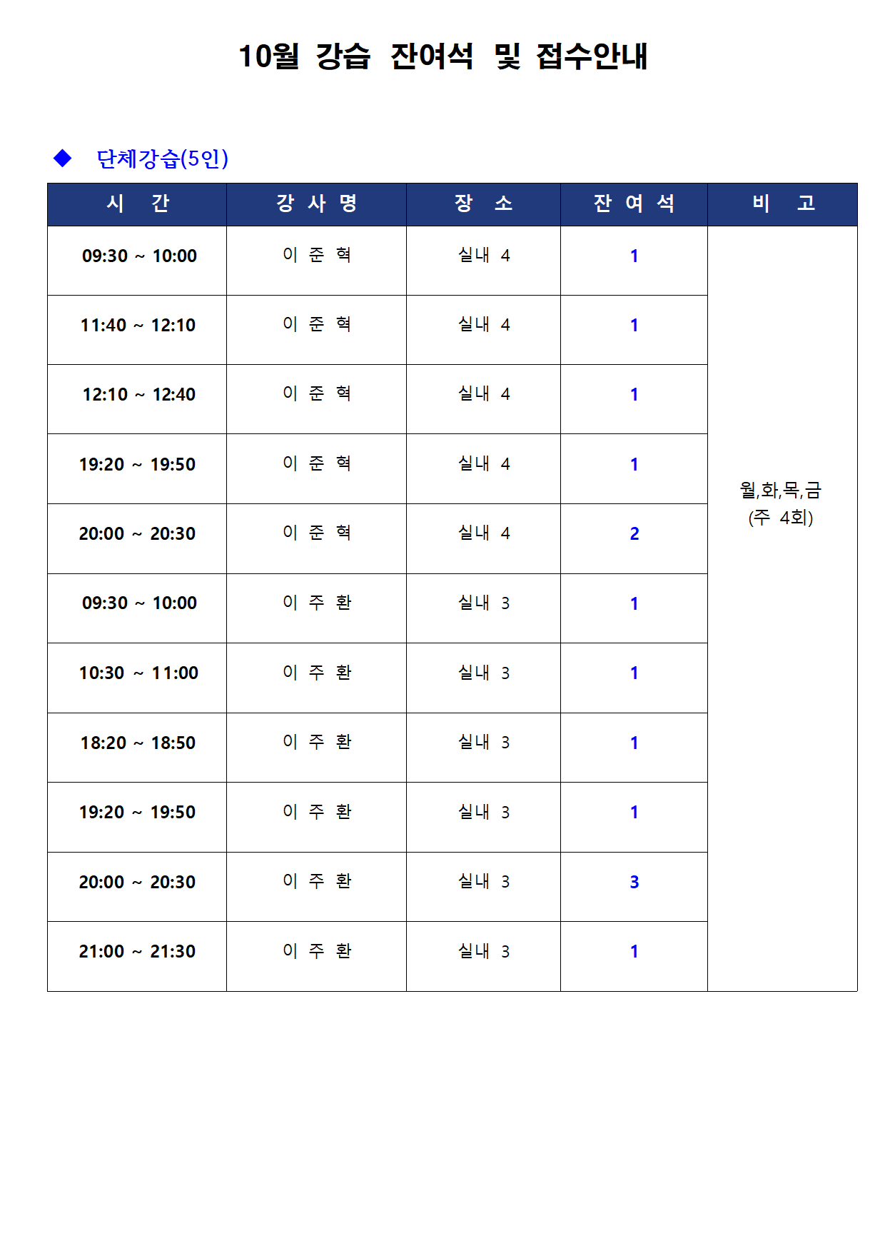 금오테니스장 10월 강습 잔여석 및 접수 안내 첨부 이미지