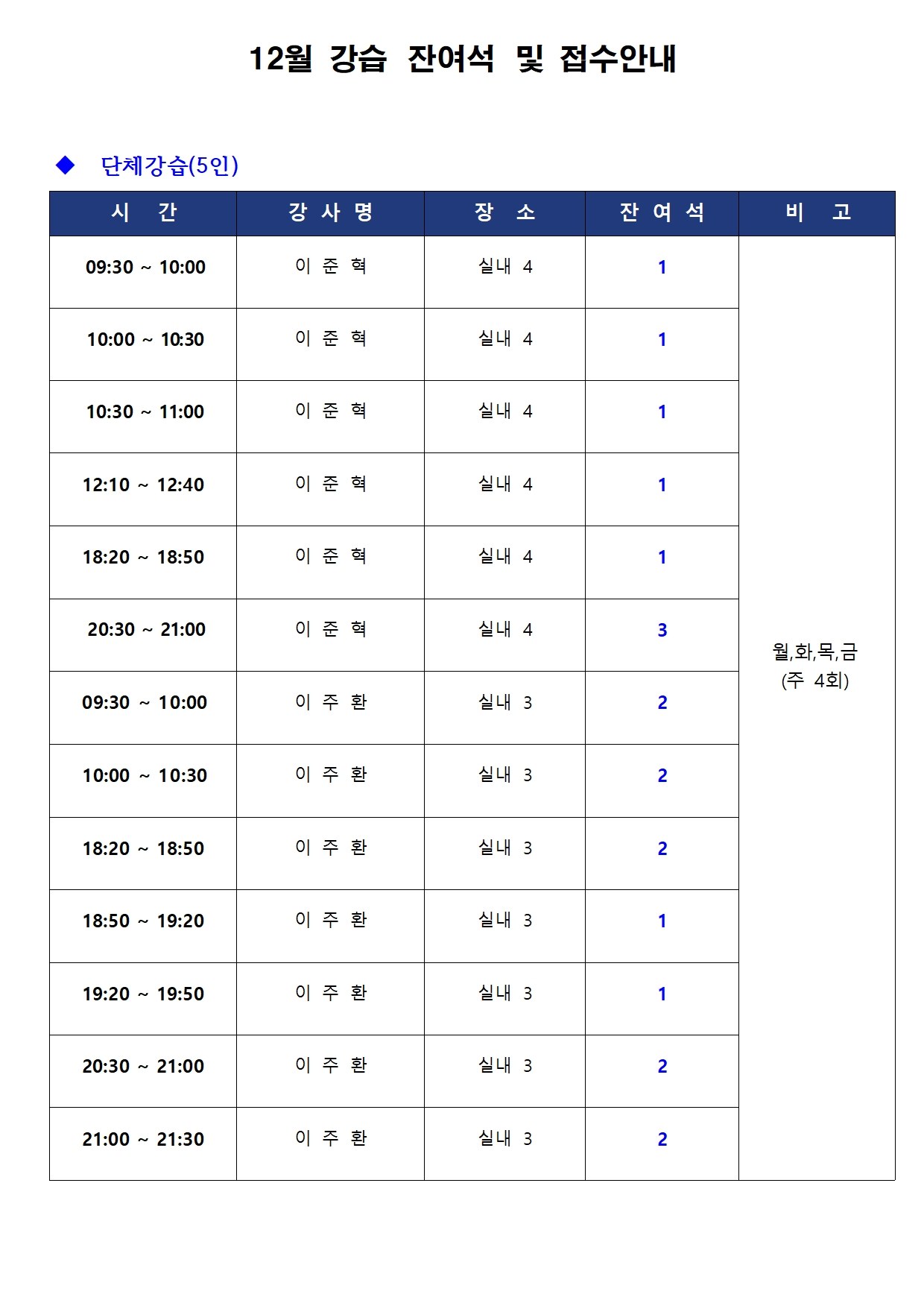 금오테니스장 12월 강습 잔여석 및 접수 안내 첨부 이미지