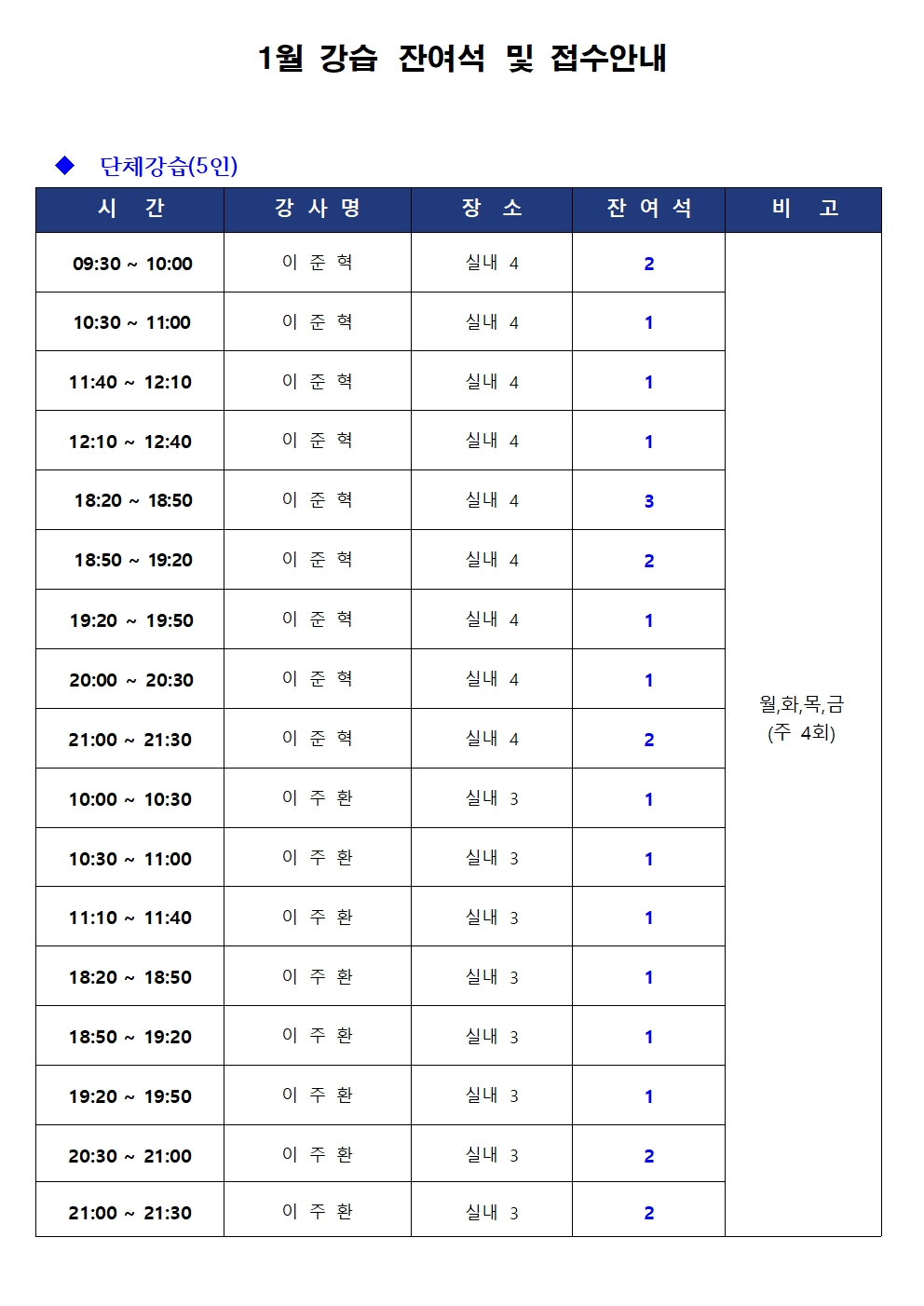 [금오] 1월 강습 잔여석 및 접수 안내 첨부 이미지