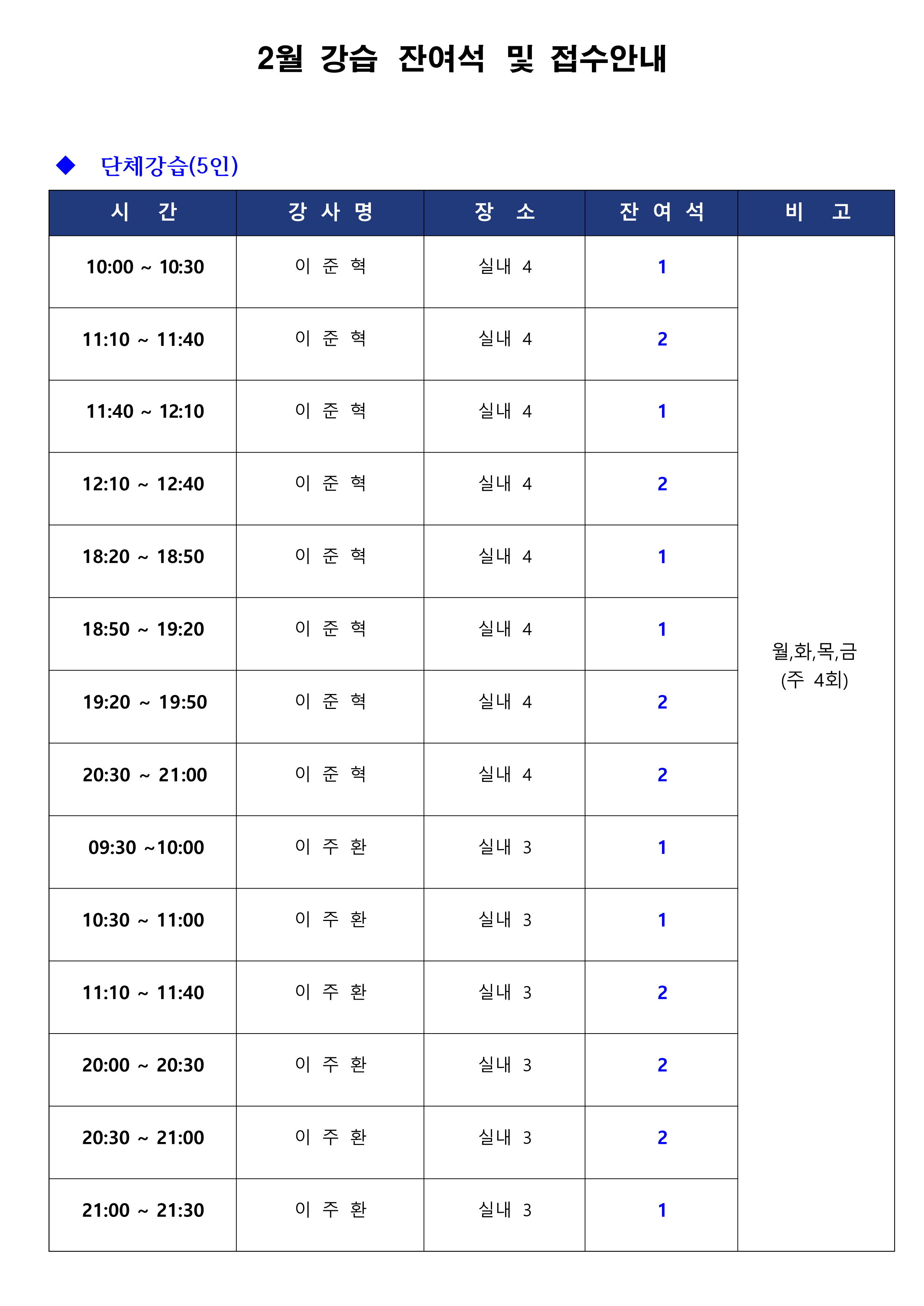 [금오] 2월 강습 잔여석 및 접수 안내 첨부 이미지