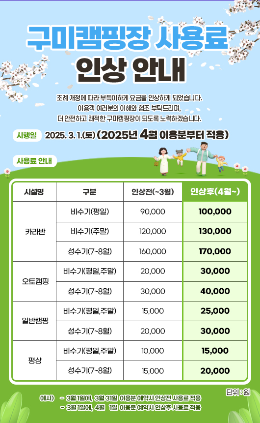 구미캠핑장 사용료 인상 안내 첨부 이미지